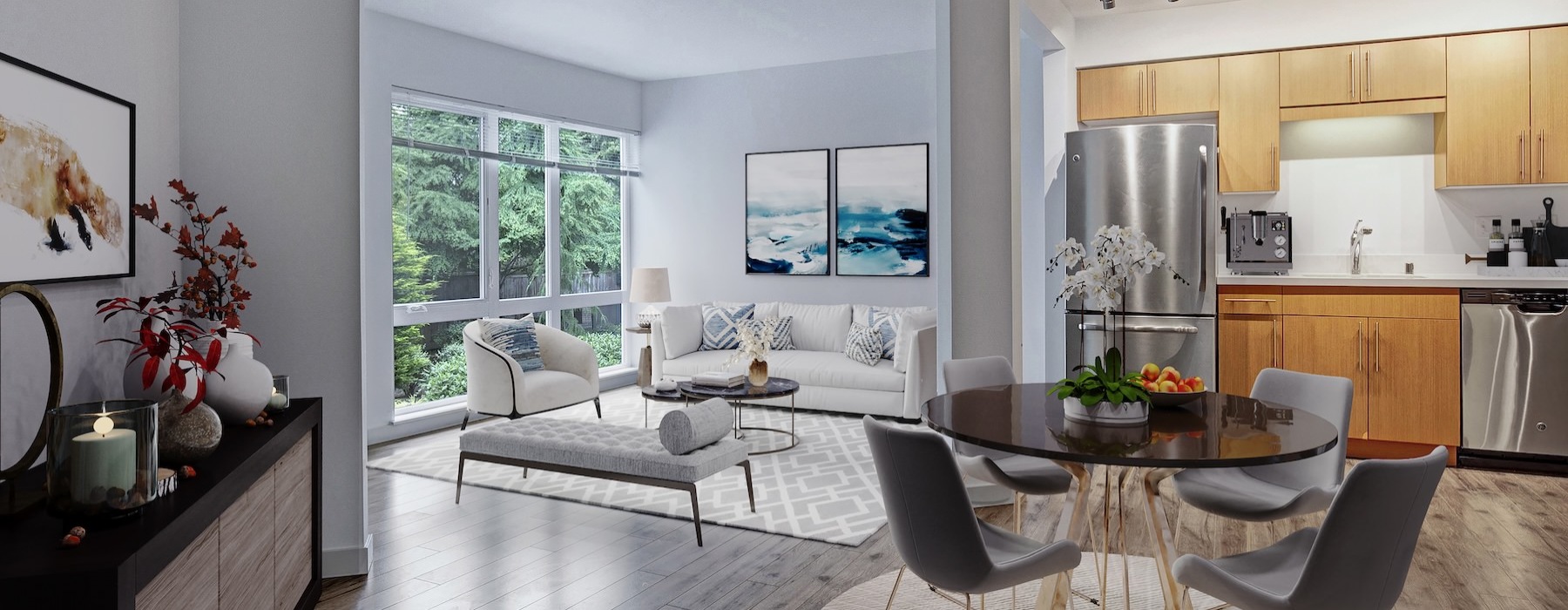 a kitchen with a dining table and chairs and a living room