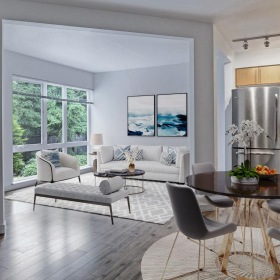a kitchen and living room